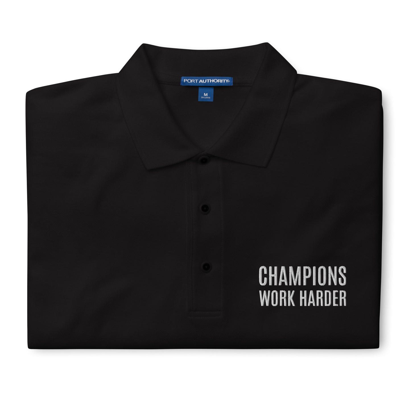 Champions Work Harder brand men's polo shirt for athletes, players, and employees to encourage the best performance.