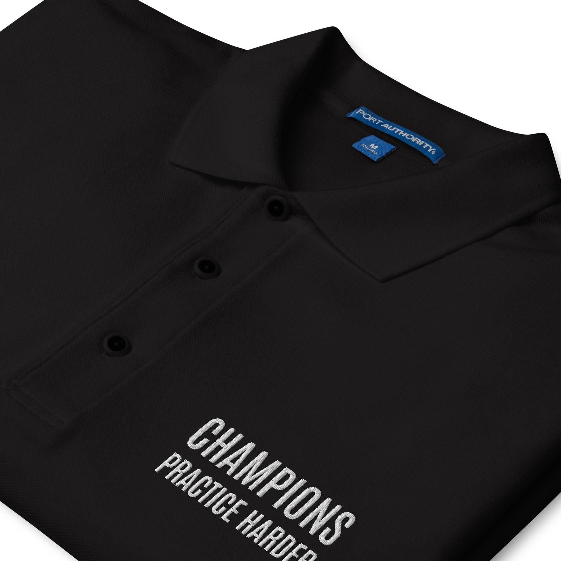 Champions practice harder mens sports polo shirt for players and coaches.