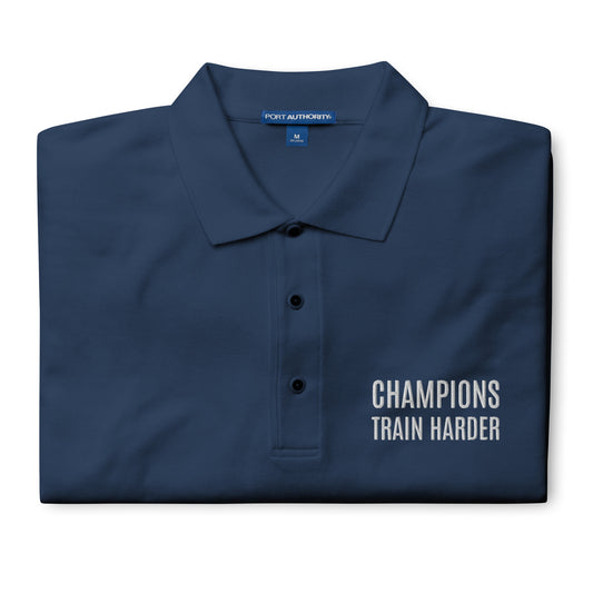 Champions train harder men's sports polo shirt for athletes, players, teams, and coaches.