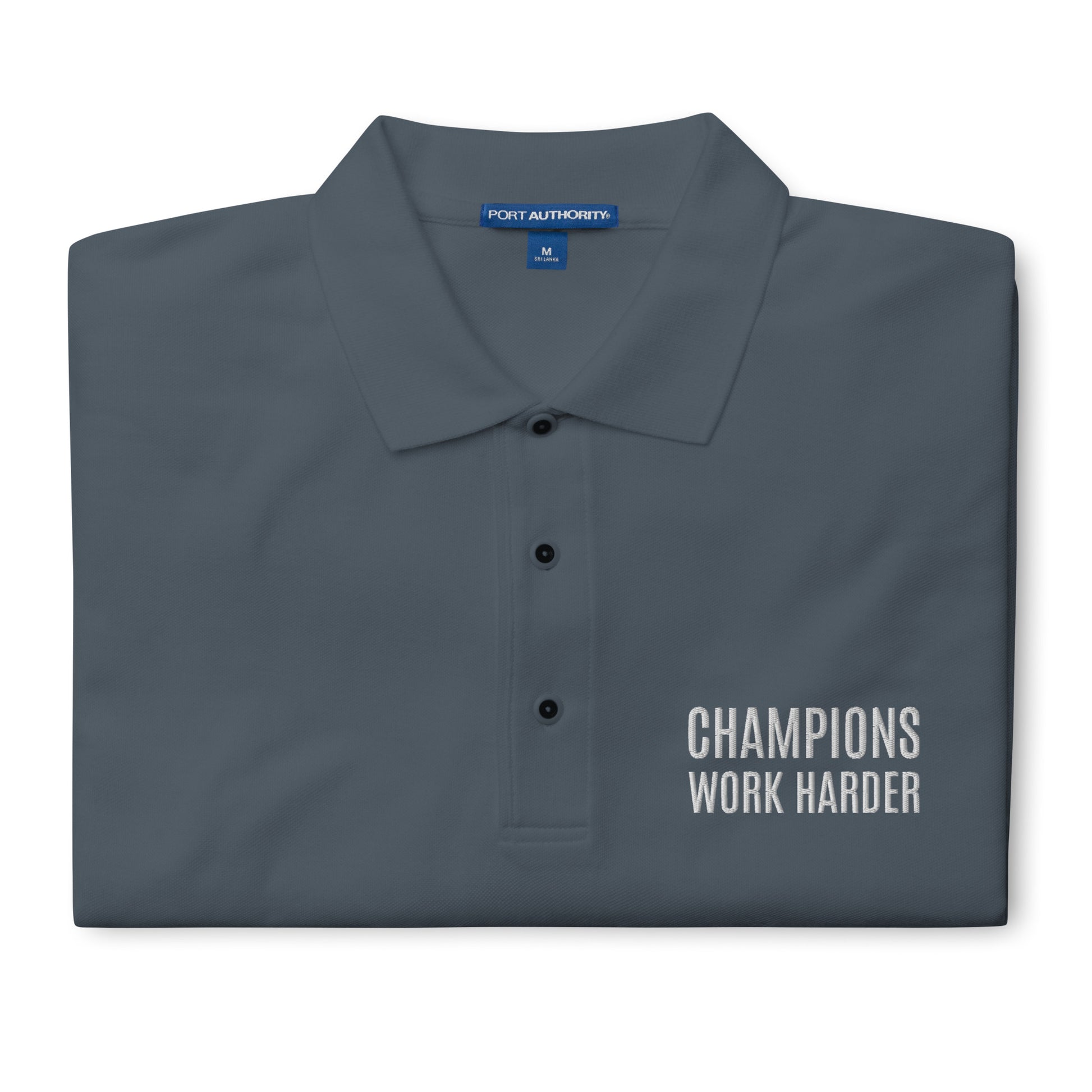 Champions Work Harder brand men's polo shirt for athletes, players, and employees to encourage the best performance.