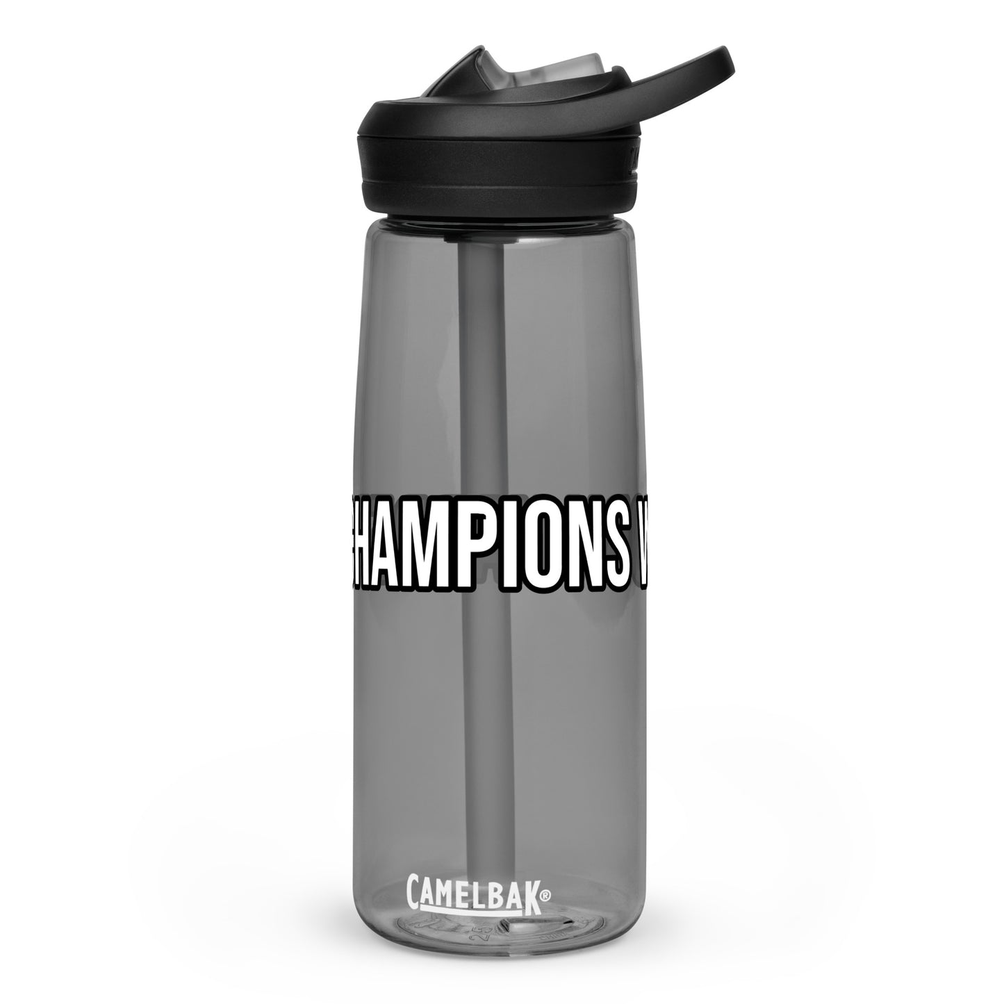 Champions Work Harder brand water bottle for sports teams, athletes, players, and employees to inspire a better performance.