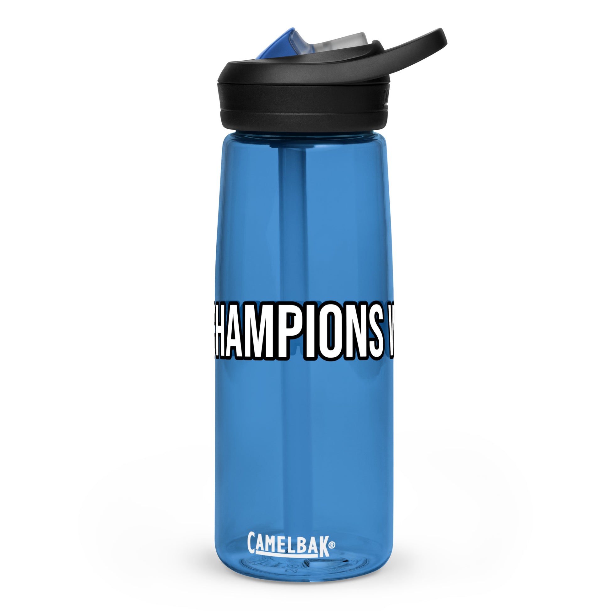 Champions Work Harder brand water bottle for sports teams, athletes, players, and employees to inspire a better performance.