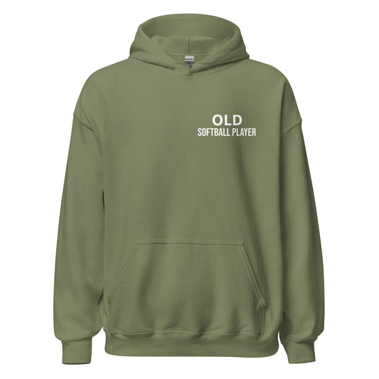 Old Softball Player brand sports hoodie for veteran and former softball players to share they played on the diamond.