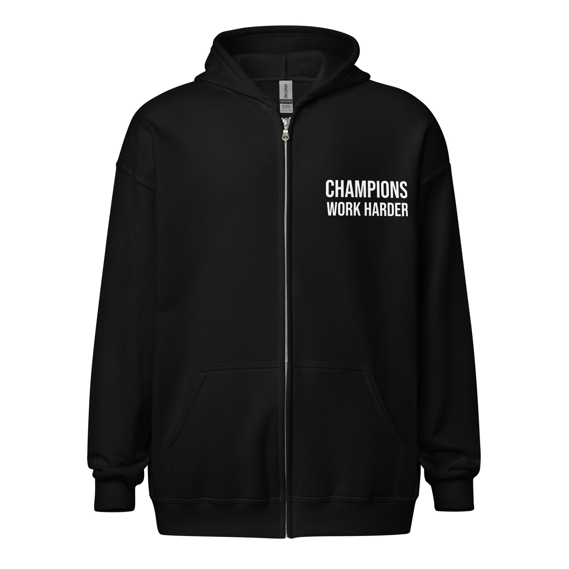 Champions Work Harder brand zip sports hoodie for workouts, practices, and work for athletes and employees.