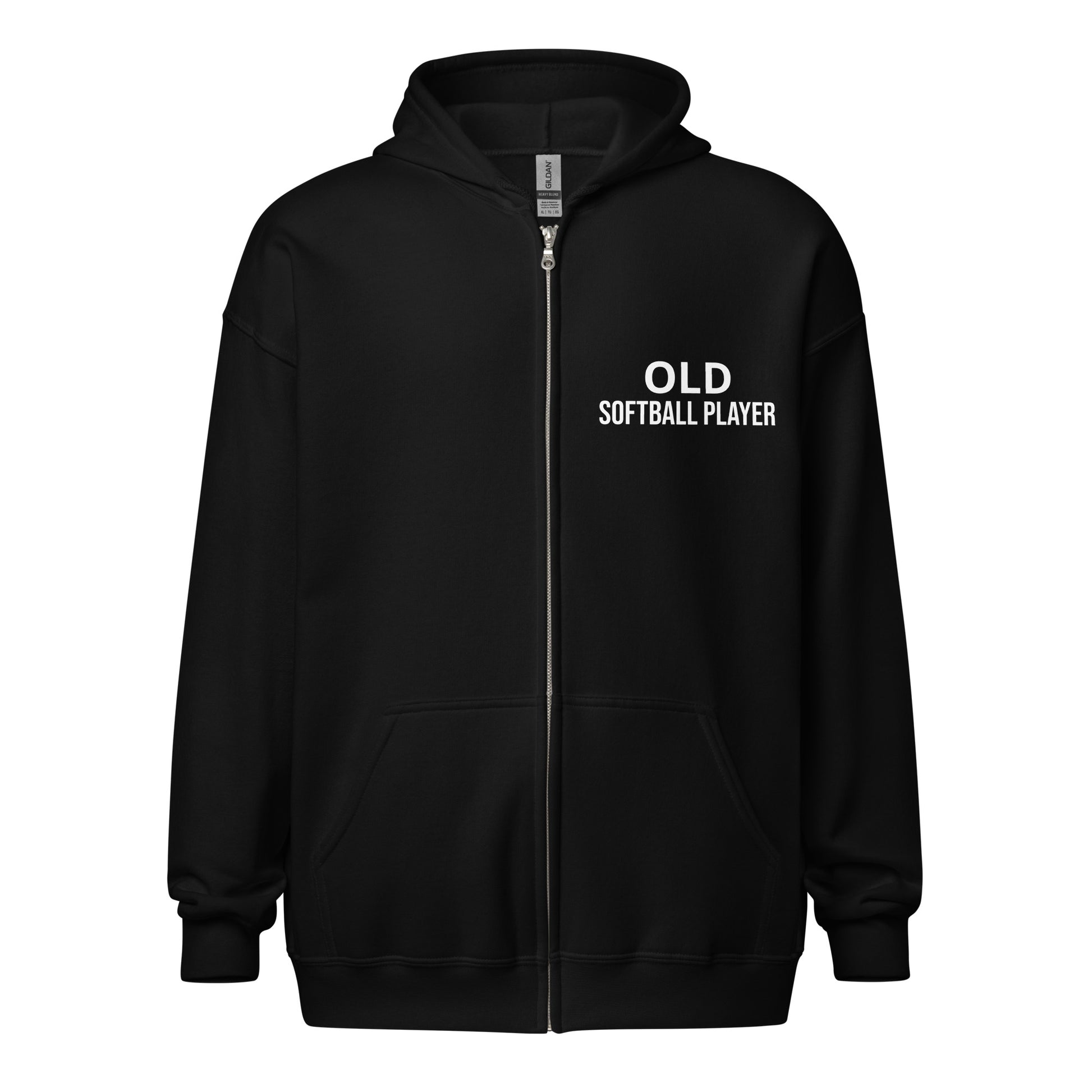 Old Softball Player brand zip sports hoodie for veteran and former softball players to share they played on the diamond.