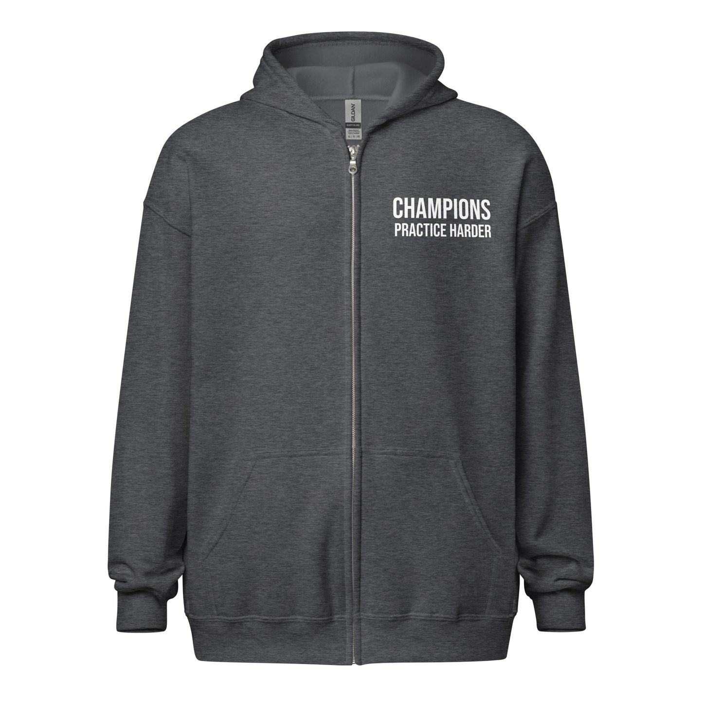 Champions practice harder unisex zip sports hoodie for players, teams, and coaches.