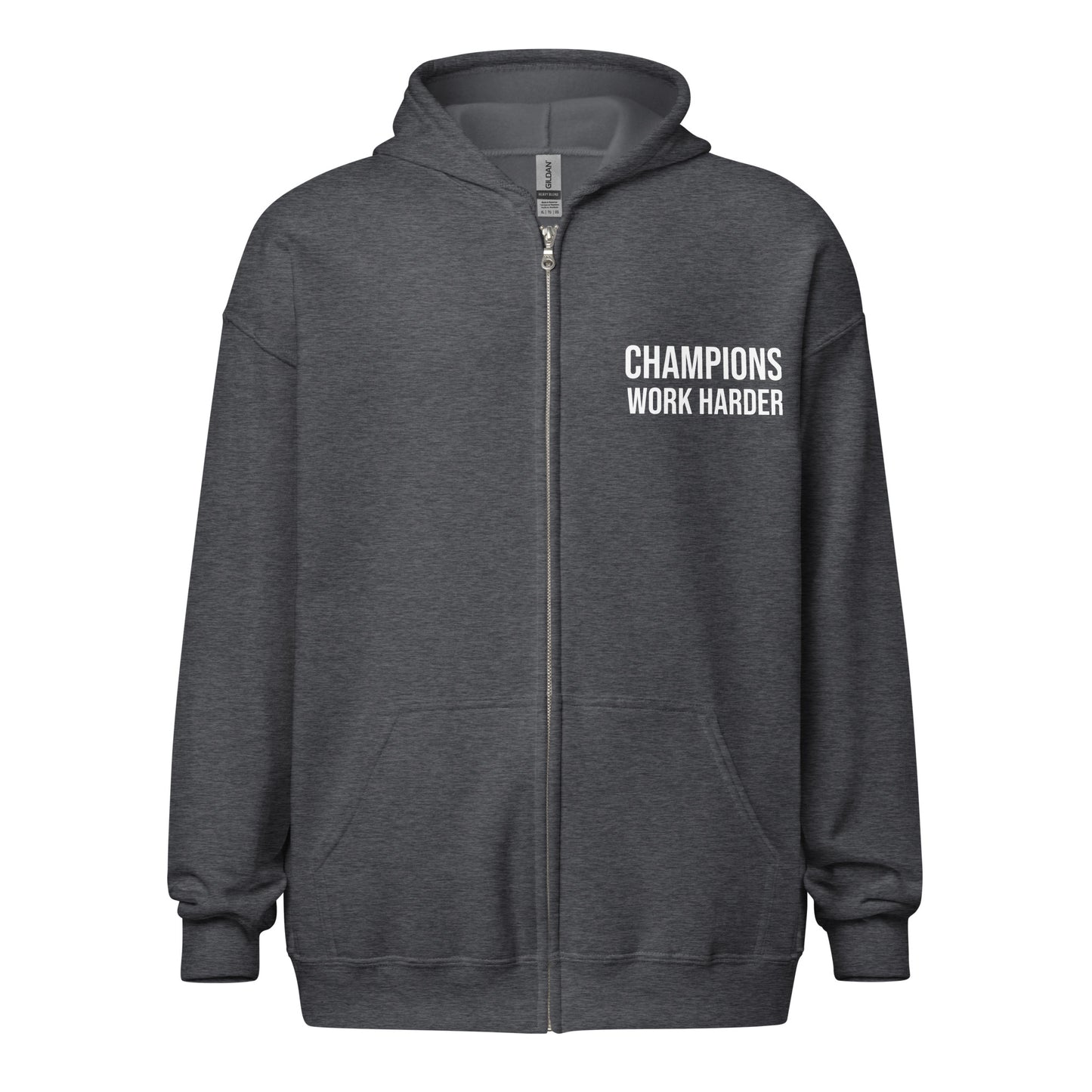 Champions Work Harder brand zip sports hoodie for workouts, practices, and work for athletes and employees.