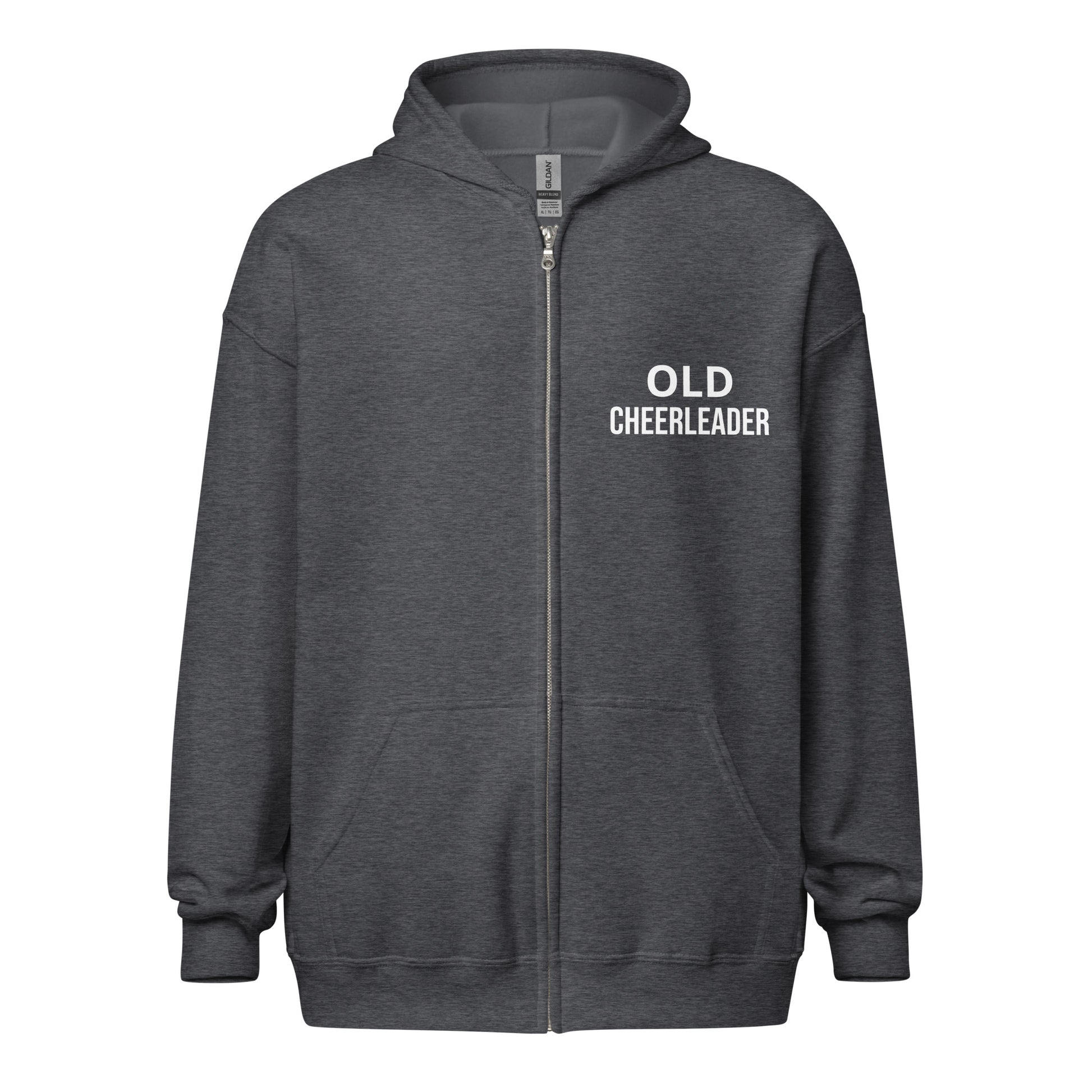 Old Cheerleander brand zip sports hoodie for veteran and former cheerleaders to share they once led fans with cheers.