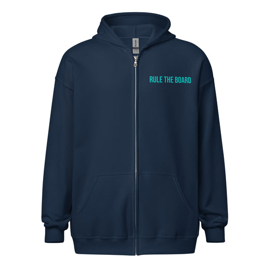 Rule The Board brand zip sports hoodie for skateboarders and surfers who push themselves to be the best.