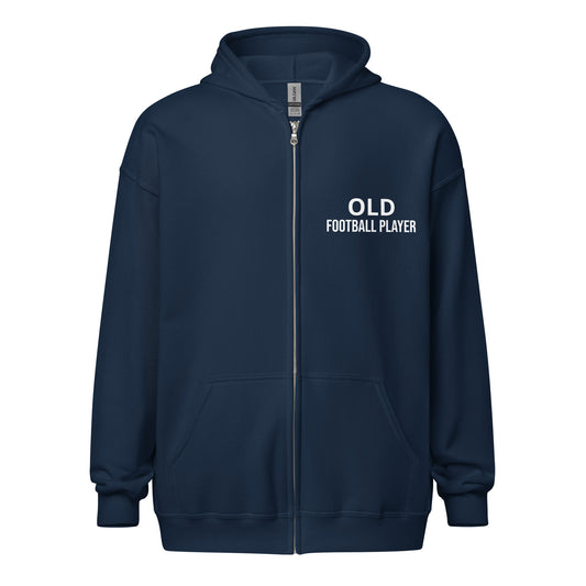 Old Football Player brand zip sports hoodie for veteran and former players to share they played on the gridiron.