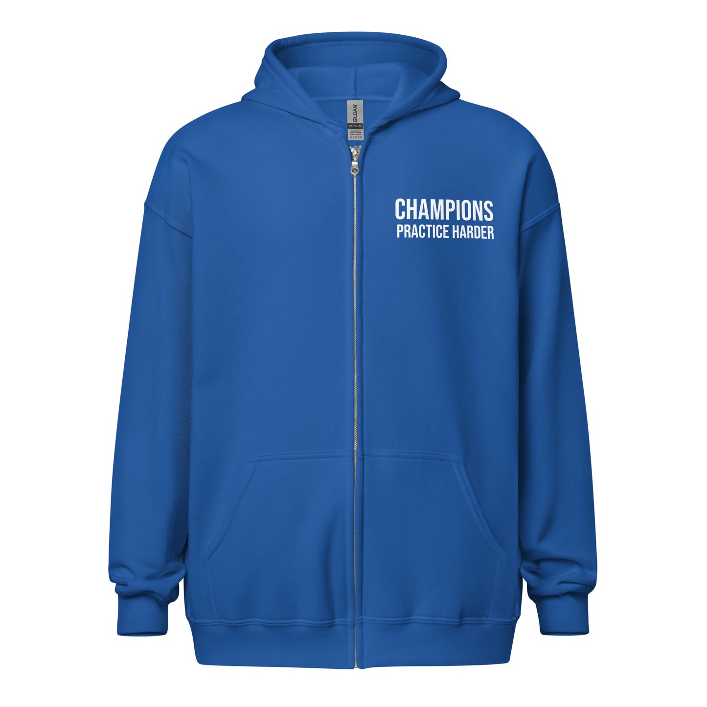 Champions practice harder unisex zip sports hoodie for players, teams, and coaches.