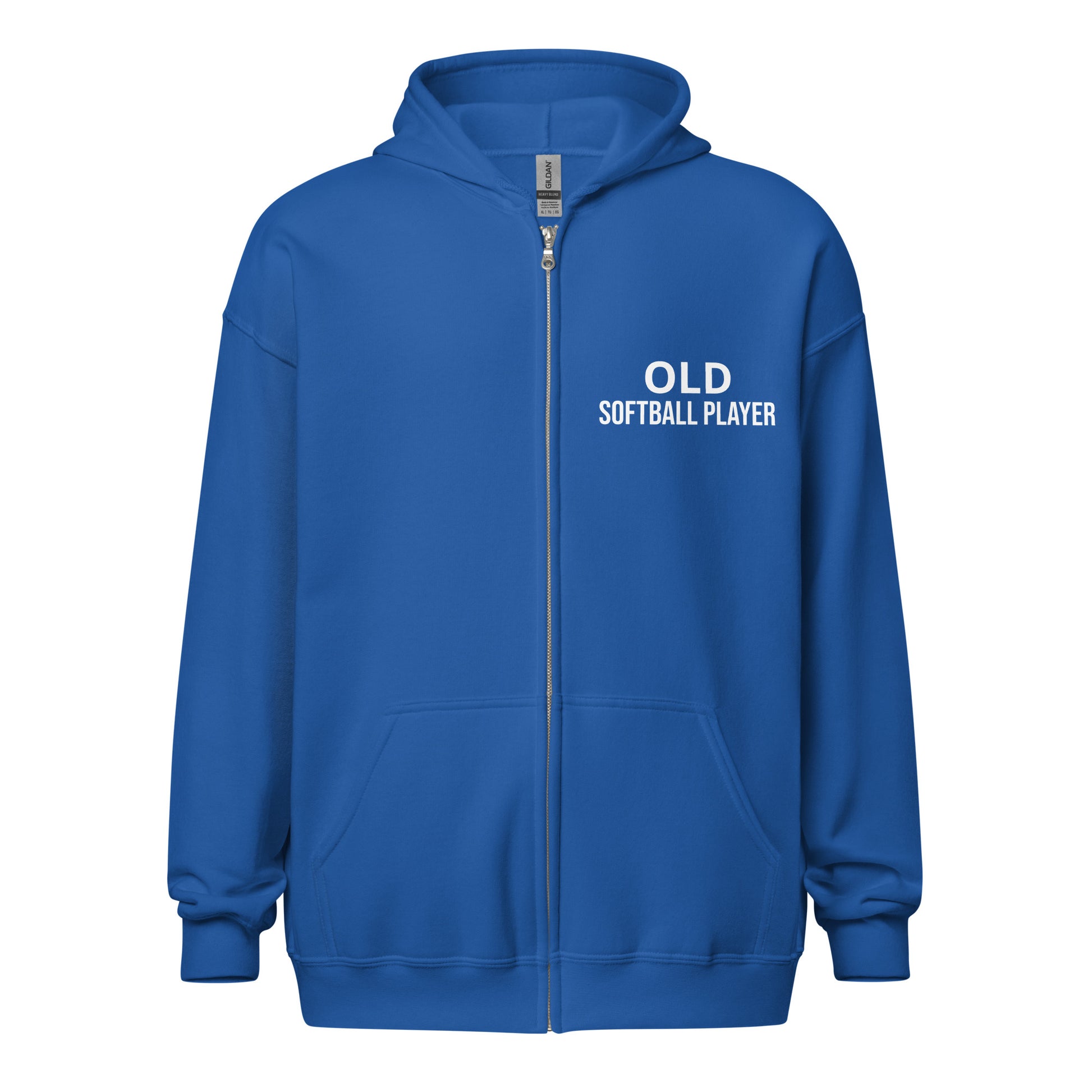 Old Softball Player brand zip sports hoodie for veteran and former softball players to share they played on the diamond.