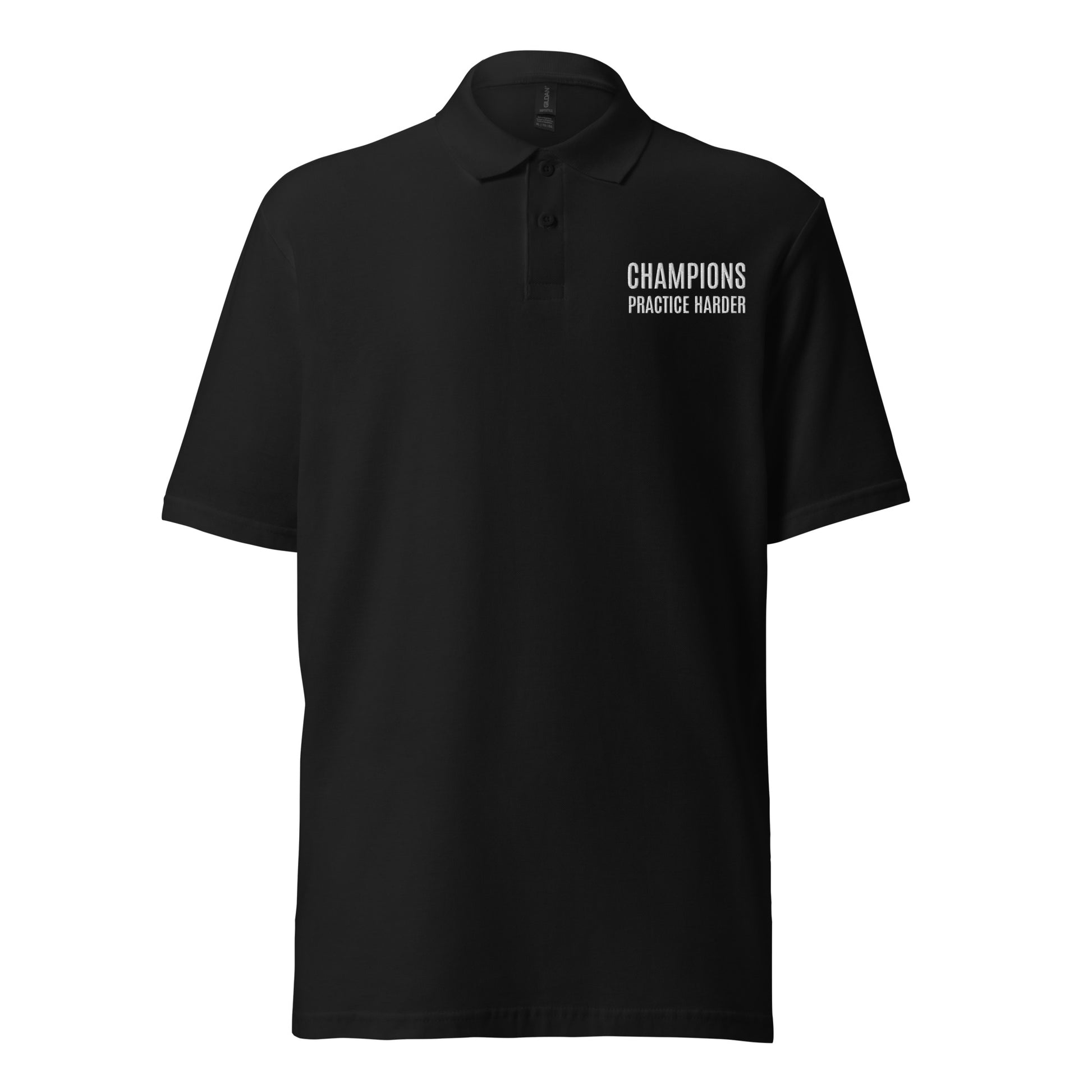 Champions practice harder sports polo shirt for players, teams, and coaches.