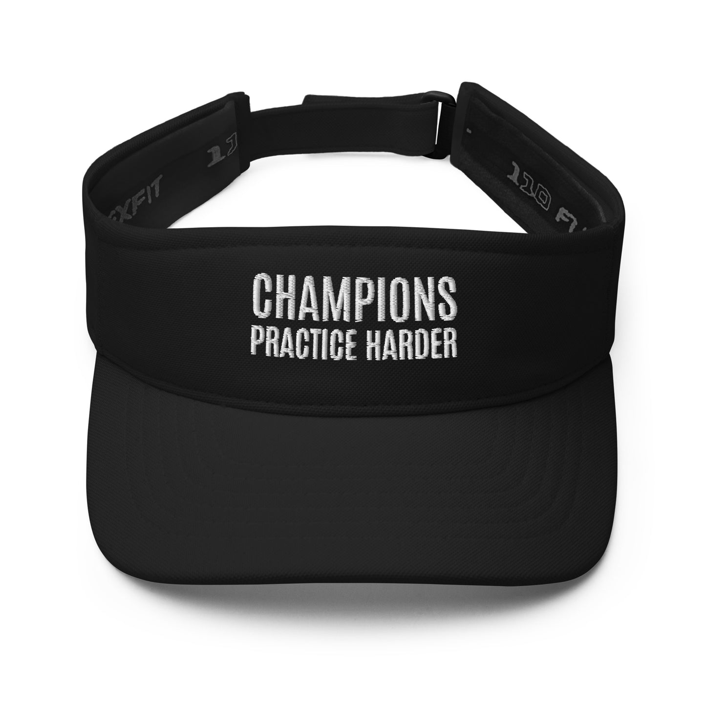 Champions practice harder sports visor for players, teams, and coaches.