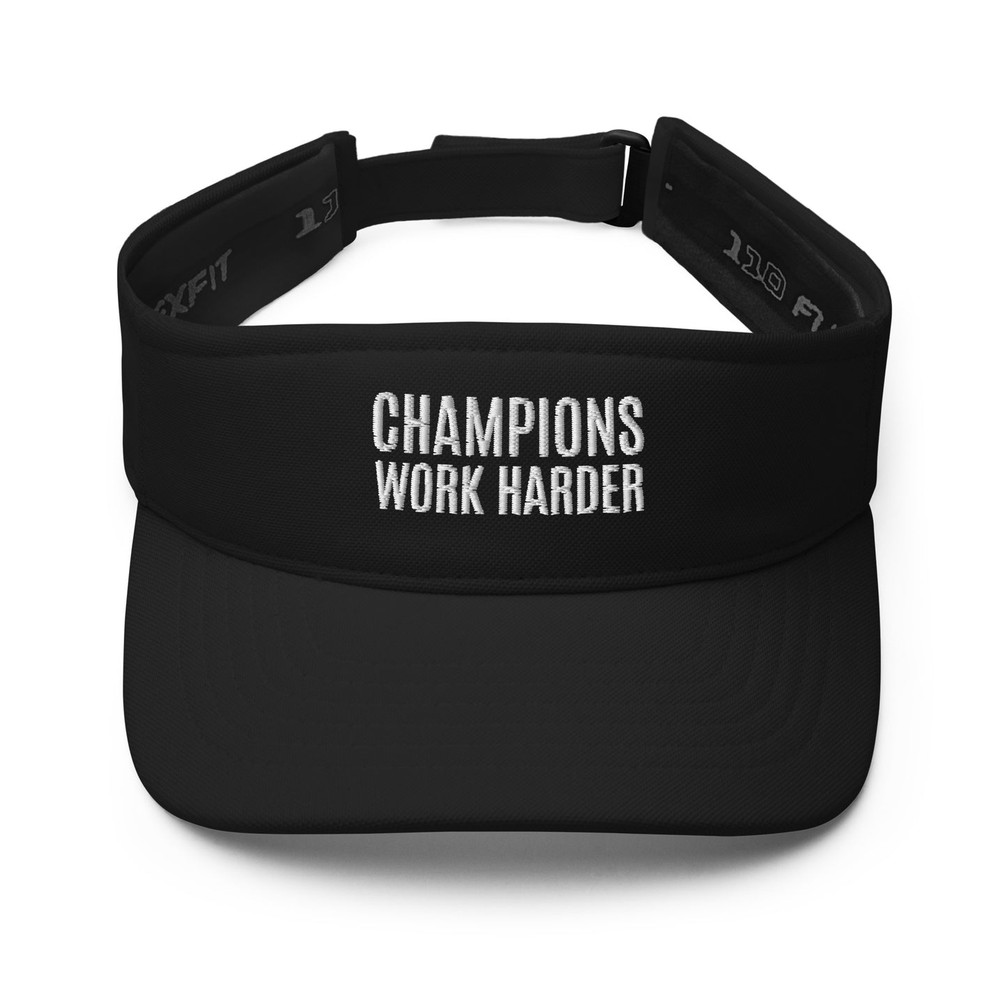 Champions Work Harder brand visor for sports teams, players, coaches, athletes, and employees of businesses.