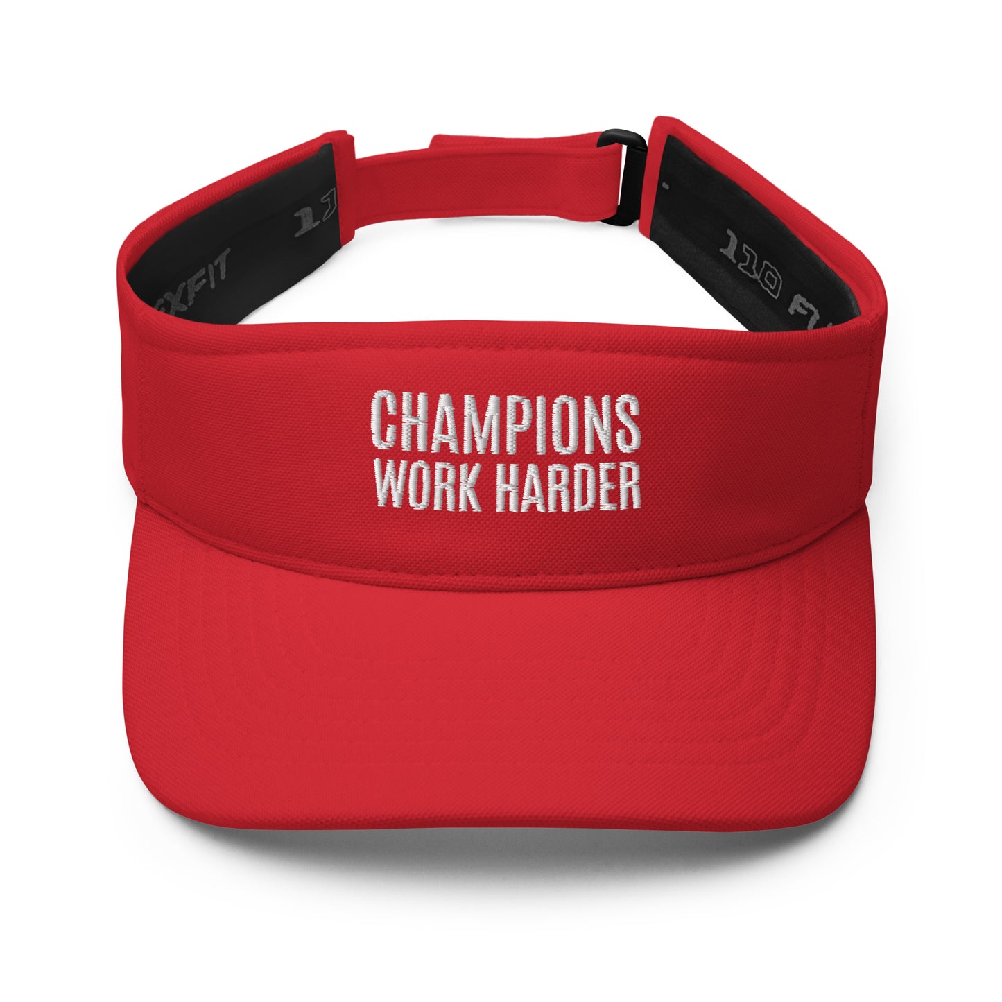 Champions Work Harder brand visor for sports teams, players, coaches, athletes, and employees of businesses.