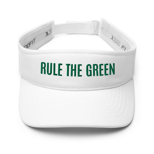 Rule The Green brand embroidered white golf sports visor for golfers and fans of golfing.