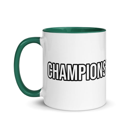 Champions train harder sports team coffee mug for athletes, players, teams, coaches, schools, and athletic programs.