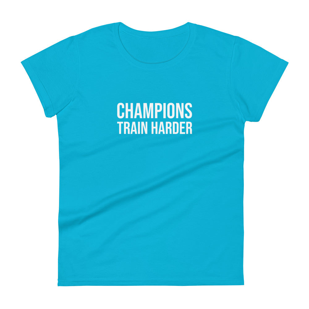 Female brand Champions Train Harder sports t-shirt for women players, coaches, and athletes to encourage better training.