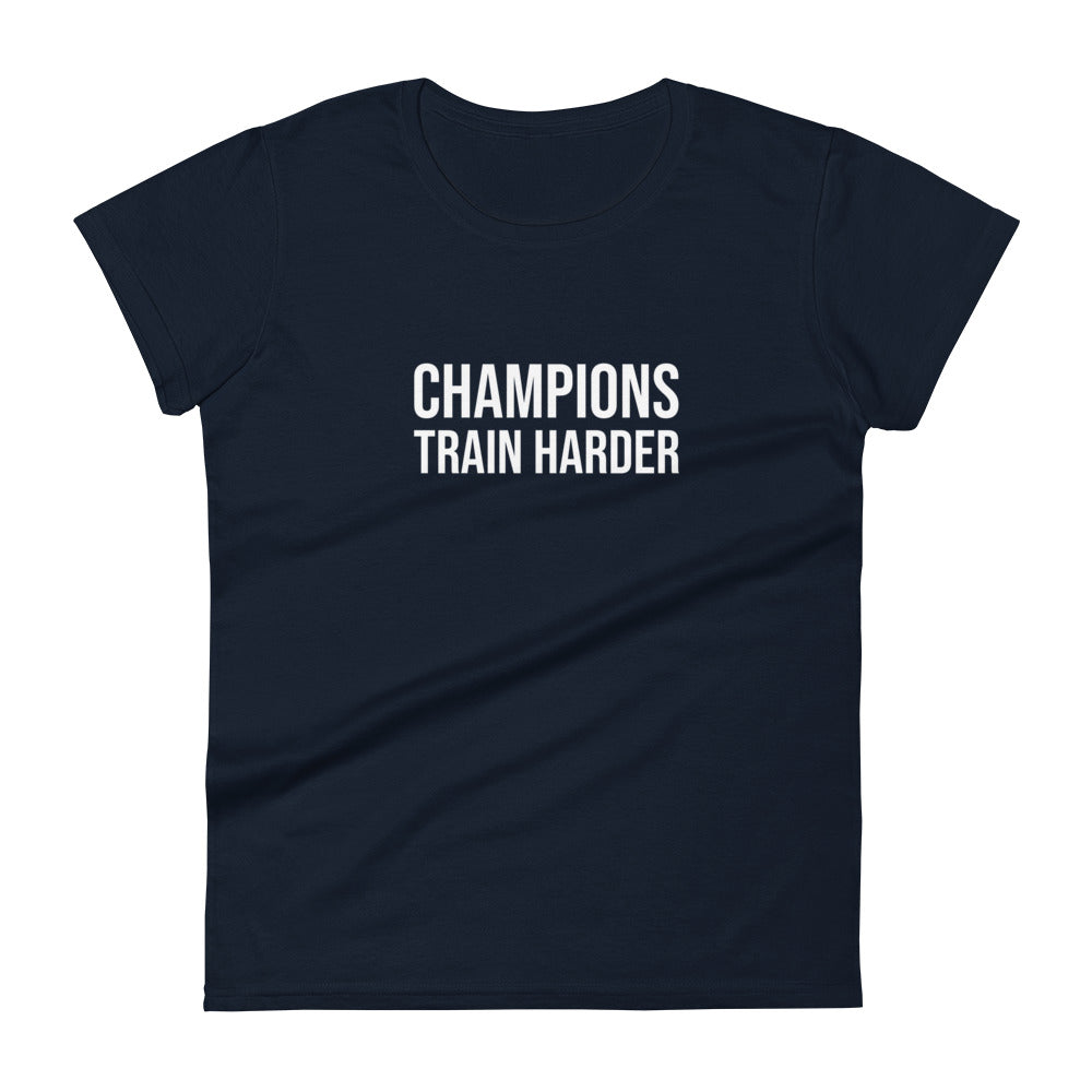 Female brand Champions Train Harder sports t-shirt for women players, coaches, and athletes to encourage better training.