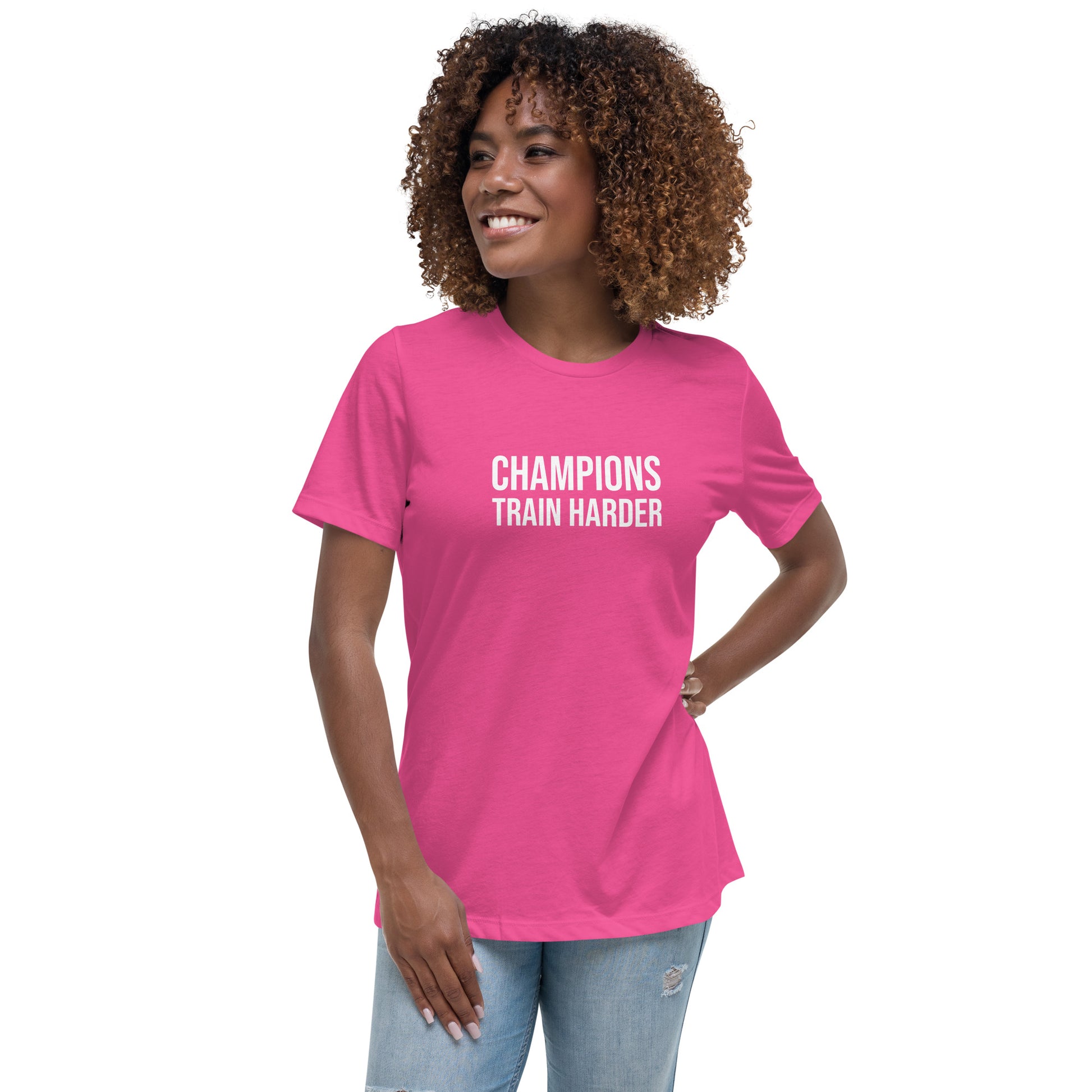 Women's brand Champions Train Harder sports t-shirt for female players, athletes, and coaches.