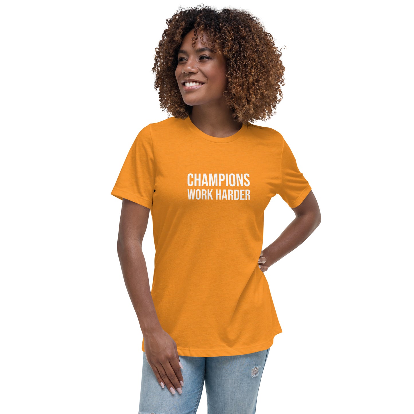 Champions Work Harder brand women's relaxed t-shirt for players and employees.