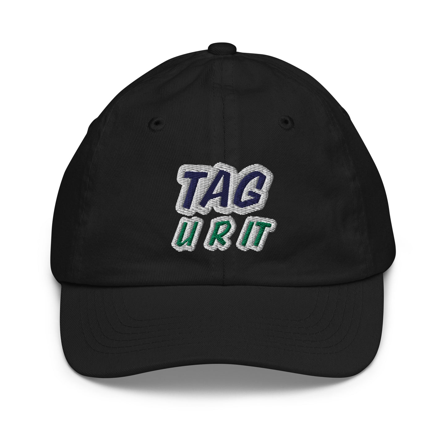 Tag U R It youth unisex (for boys and girls) embroidered ball cap is for kids who love and play the game of Tag You're It.