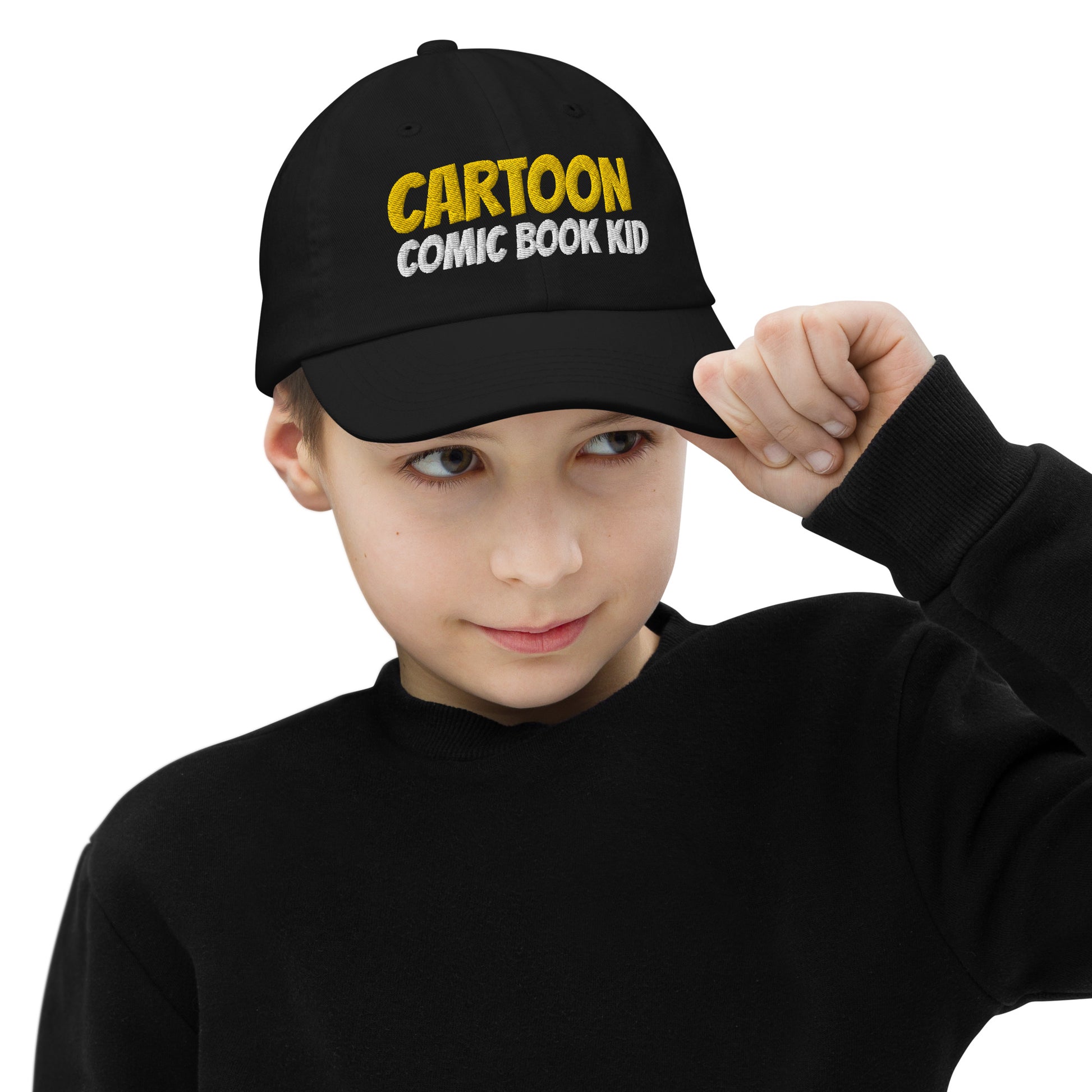 Cartoon Comic Book Kid unisex embroidered youth baseball cap is for kids who enjoy both watching cartoons and reading comic books.