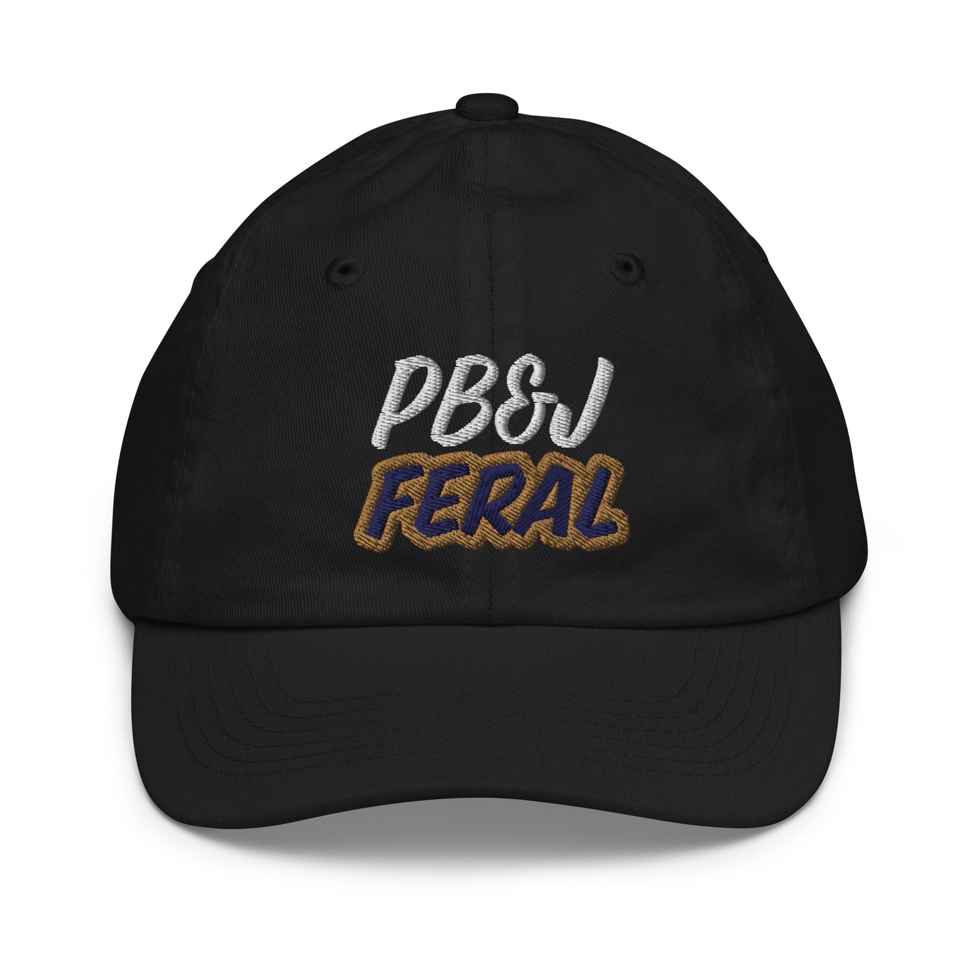 PB&J Feral youth embroidered peanut butter and jelly fan ball cap is for any boy or girl who goes wild for the sandwich and loves eating it.