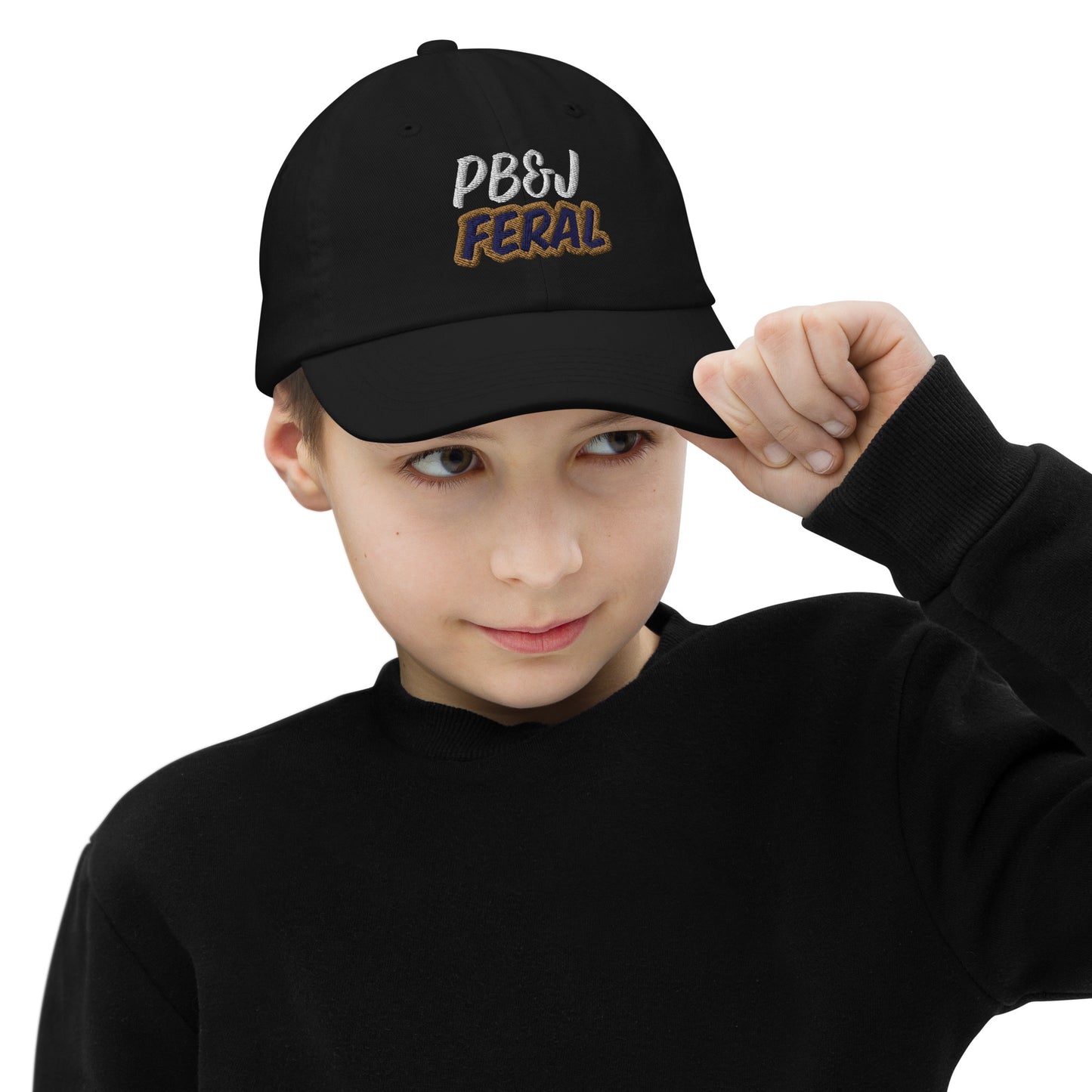 PB&J Feral youth embroidered peanut butter and jelly fan ball cap is for any boy or girl who goes wild for the sandwich and loves eating it.