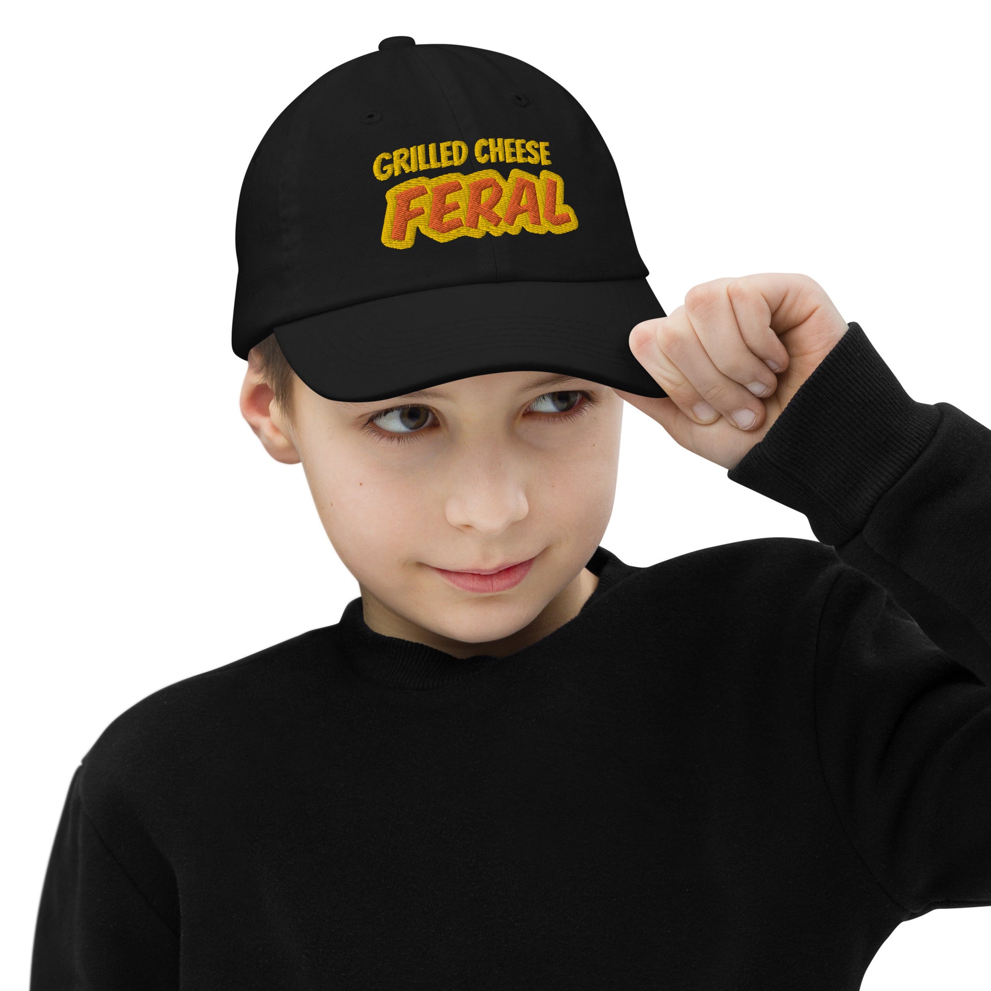 Grilled Cheese Feral youth unisex cool embroidered hat is for kids who love and go wild and crazy for eating the cooked cheesy sandwich.