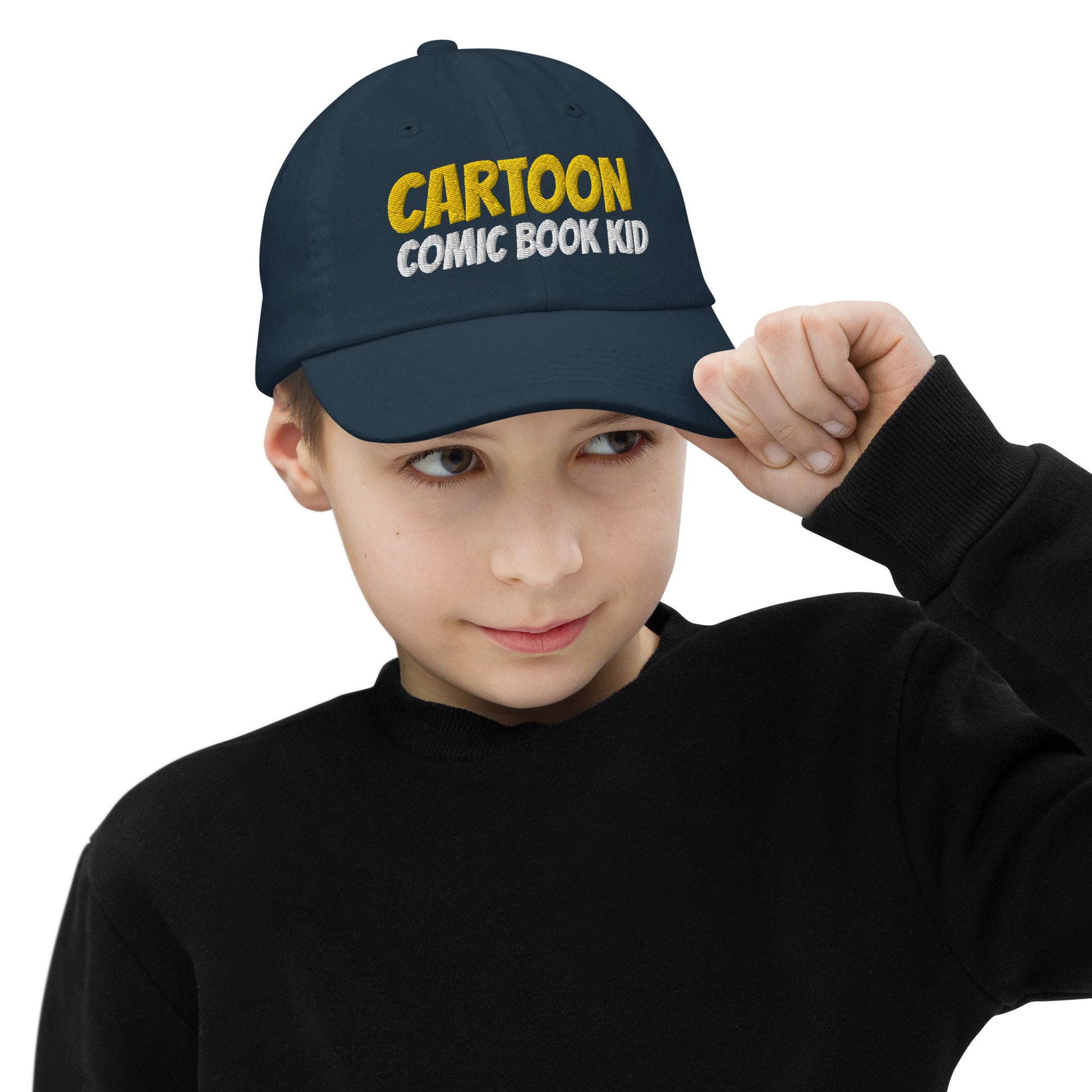 Cartoon Comic Book Kid unisex embroidered youth baseball cap is for kids who enjoy both watching cartoons and reading comic books.