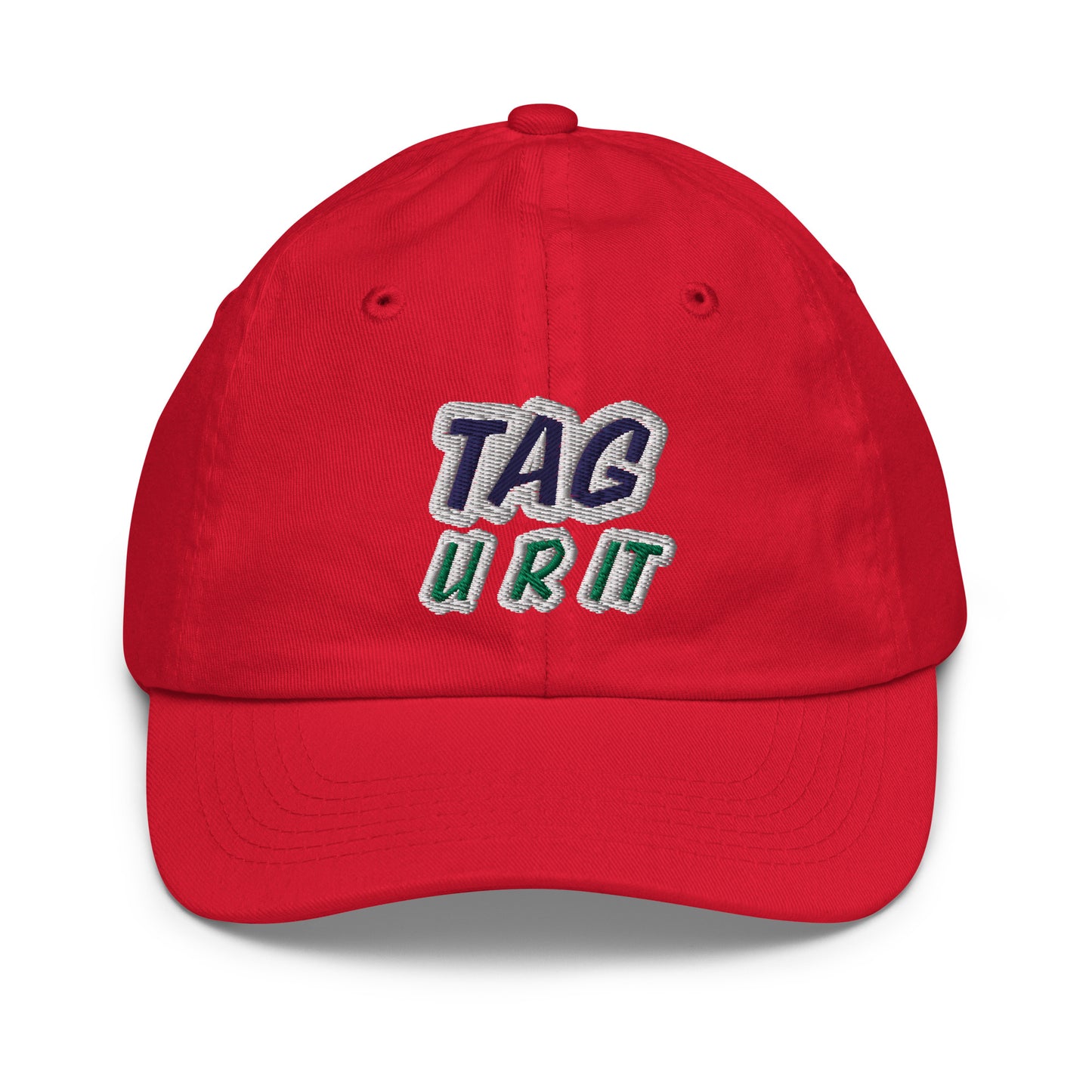 Tag U R It youth unisex (for boys and girls) embroidered ball cap is for kids who love and play the game of Tag You're It.