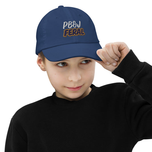 PB&J Feral youth embroidered peanut butter and jelly fan ball cap is for any boy or girl who goes wild for the sandwich and loves eating it.