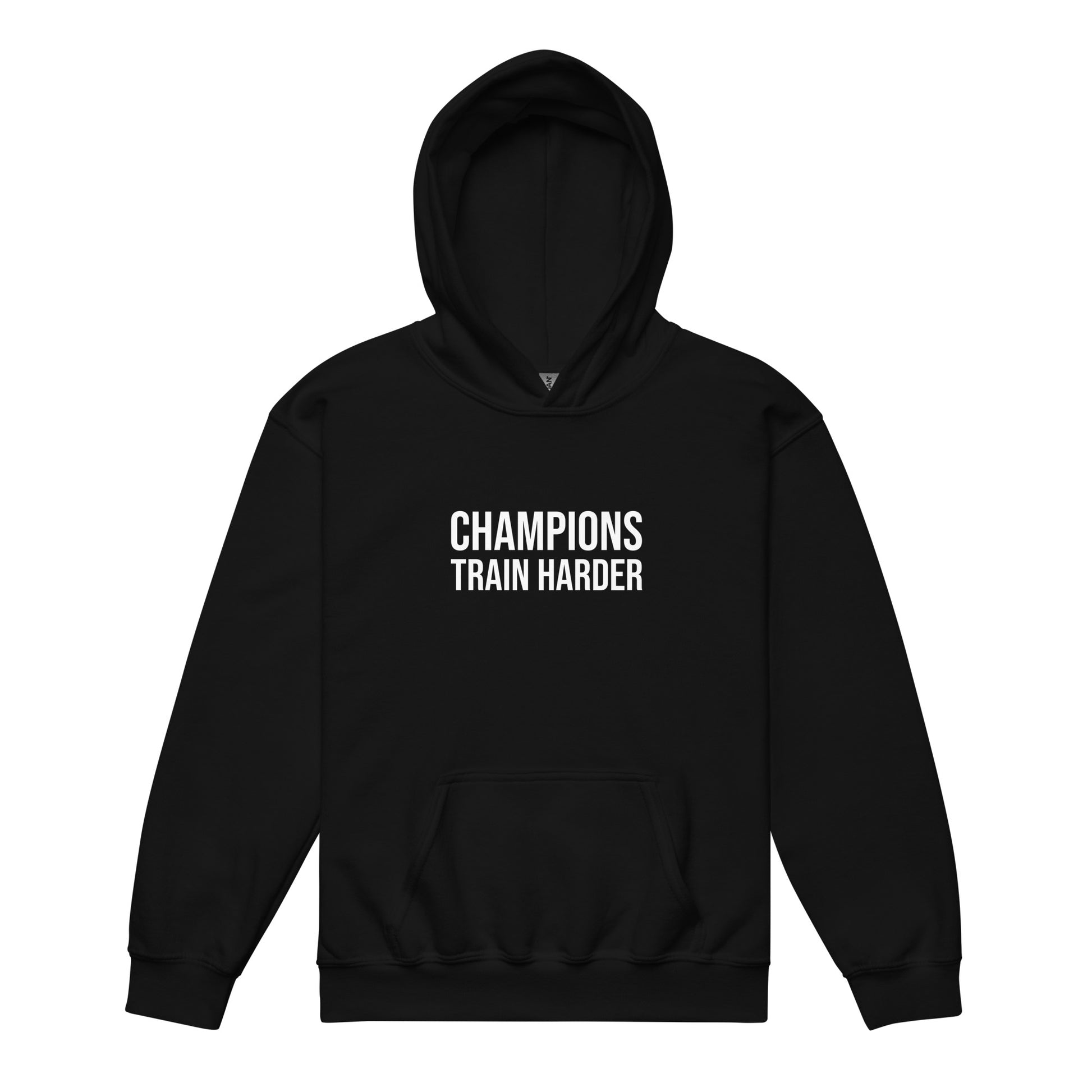 Champions Train Harder brand youth sports hoodie for teams and players to encourage better performance and training.