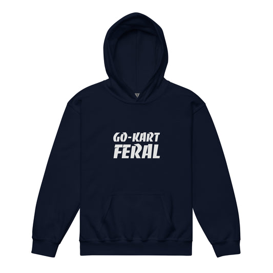 Go-Kart Feral youth karting hoodies are for kids who go wild speeding around a track on a go-kart, and this hoodie makes a great gift.