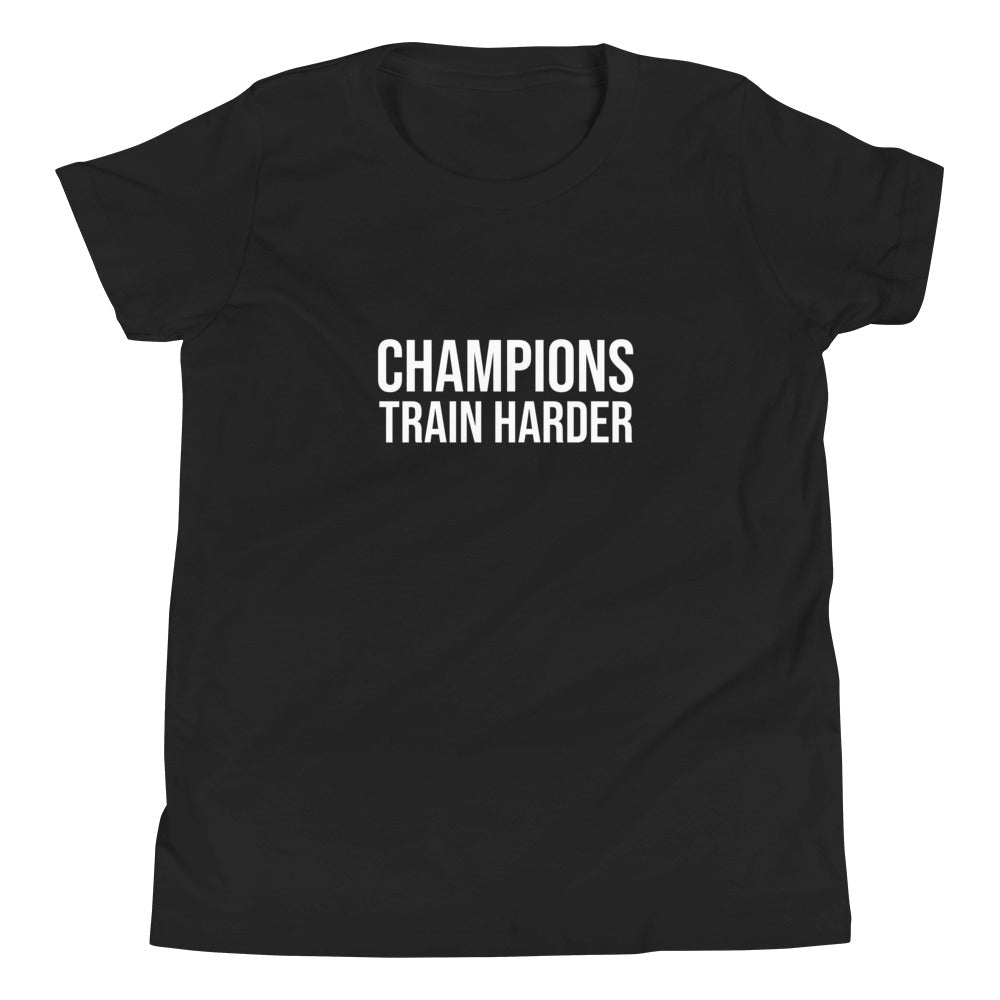 Champions Train Harder brand youth athletic t-shirt for sports teams and players to encourage better practices and training.