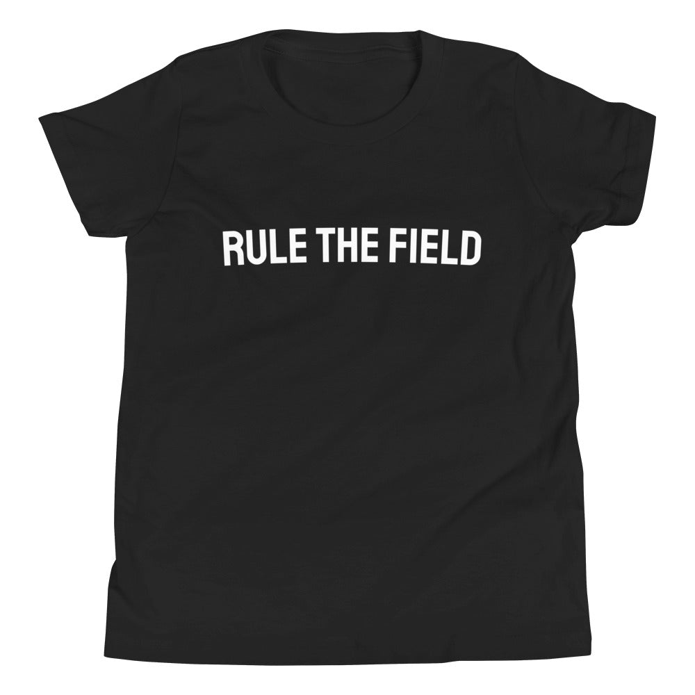 Rule The Field brand unisex youth sports t-shirt for youth players of baseball, football, and soccer.