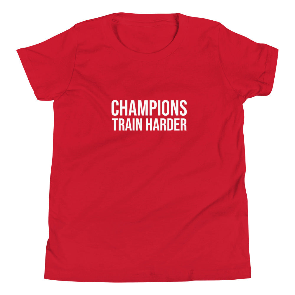 Champions Train Harder brand youth athletic t-shirt for sports teams and players to encourage better practices and training.